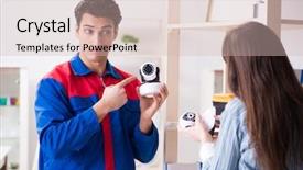  Presentation with home security camera - Beautiful PPT theme featuring client getting securty camera installed backdrop and a  colored foreground