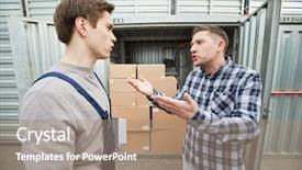 Presentation with container - Cool new PPT layouts with client in casual shirt scolding backdrop and a coral colored foreground