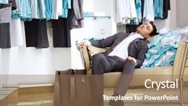 Presentation with clothes shop - Presentation theme enhanced with client of shop of clothes sleeps on the sofa background and a coral colored foreground