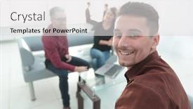  Presentation with employees - Audience pleasing PPT theme consisting of client-on-the-background backdrop and a light gray colored foreground