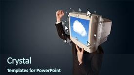  Presentation with cloud - Colorful slide deck enhanced with client server computing - business man with a monitor backdrop and a wine colored foreground