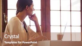  Presentation with dockside restaurant - PPT theme enhanced with client server computing - woman using a laptop background and a  colored foreground