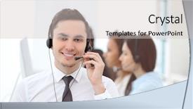  Presentation with call center agent reporting - Beautiful PPT theme featuring client service - male call center operator working backdrop and a light gray colored foreground