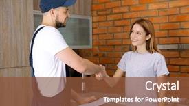  Presentation with shaking hands - Presentation enhanced with construction cap - plumber and woman shaking hands background and a tawny brown colored foreground