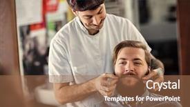  Presentation with barber - Slide deck with clients satisfied - smiling male barber is serving background and a coral colored foreground