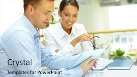  Presentation with collaboration - Cool new theme with clients satisfied - young businesswoman being pleased backdrop and a light blue colored foreground