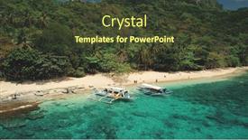  Presentation with rocky shore - Beautiful PPT theme featuring cliff-shore-with-passenger-boats backdrop and a tawny brown colored foreground