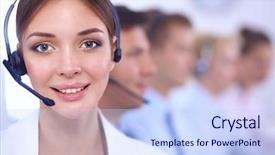  Presentation with call center - Presentation theme having clima laboral - attractive smiling positive young businesspeople background and a  colored foreground