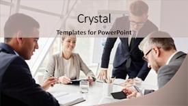  Presentation with data - PPT theme having clima laboral - two businessmen looking at data background and a  colored foreground