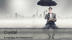  Presentation with man sitting bench - Colorful slides enhanced with clima laboral - young man in suit sitting backdrop and a light gray colored foreground