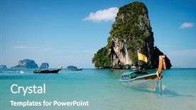  Presentation with boat - Audience pleasing slide set consisting of climate water - boat on the asian beach backdrop and a teal colored foreground