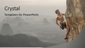 Presentation with vertical - Theme featuring climb challenge - young man climbing vertical wall background and a light gray colored foreground