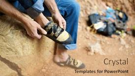  Presentation with climbing - PPT theme having climber-putting-on-his-climbing background and a coral colored foreground