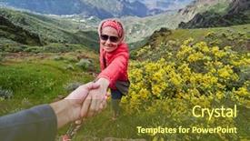  Presentation with indigo zone - Theme with climbing - young woman tourist alpine zone background and a tawny brown colored foreground