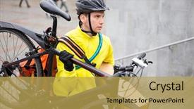 Presentation with courier delivery - Cool new slide deck with climbing cycling - courier delivery man in protective backdrop and a yellow colored foreground