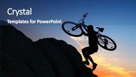  Presentation with rocky - Colorful presentation design enhanced with climbing cycling - sportsman with bicycle crossing rocky backdrop and a ocean colored foreground