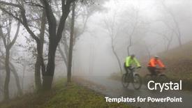  Presentation with foggy forest - Theme with climbing cycling - two cyclists riding up wet background and a tawny brown colored foreground