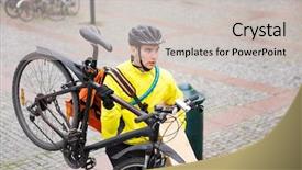  Presentation with courier bag - Cool new slide deck with climbing cycling - young male cyclist with courier backdrop and a light gray colored foreground
