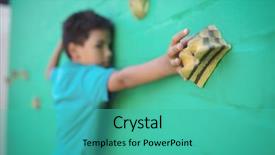  Presentation with child boy hold basket - Amazing presentation having climbing holds on green wall backdrop and a  colored foreground