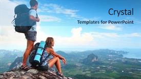  Presentation with mountain climbing - PPT theme enhanced with climbing man - young tourists with backpacks enjoying background and a light blue colored foreground