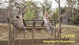  Presentation with training camp - PPT theme having climbing rope during obstacle course background and a violet colored foreground