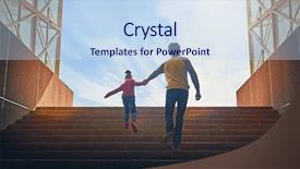  Presentation with upstairs - Audience pleasing presentation consisting of climbing stairs success - father and child climb upstairs backdrop and a sky blue colored foreground