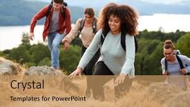  Presentation with multi ethnic group - Slide deck with climbing to a mountain summit background and a coral colored foreground