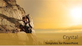  Presentation with climbing mountains - PPT theme consisting of climbing-to-the-top-woman background and a gold colored foreground