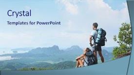  Presentation with mountain top - PPT theme consisting of climbing tree - young backpackers relaxing on top background and a sky blue colored foreground