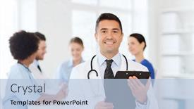  Presentation with clinic - Colorful presentation design enhanced with clinic profession people and medicine concept - happy male doctor with clipboard over group of medics meeting at hospital backdrop and a light blue colored foreground