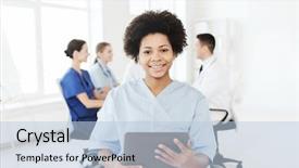  Presentation with african american meeting - PPT layouts enhanced with clinic profession people and medicine concept - happy african american female doctor or nurse with tablet pc computer over group of medics meeting at hospital background and a light blue colored foreground