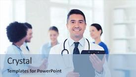  Presentation with clinic - Slide deck having clinic profession people and medicine concept - happy male doctor with clipboard over group of medics meeting at hospital background and a light blue colored foreground