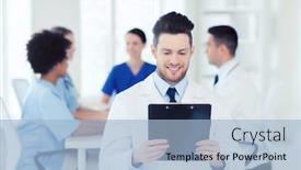  Presentation with clinic - Beautiful presentation design featuring clinic profession people and medicine concept - happy male doctor with tablet pc computer over group of medics meeting at hospital backdrop and a light blue colored foreground