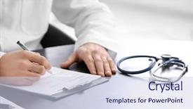  Presentation with insurance - Beautiful presentation theme featuring clinic safety - doctor filling in insurance form backdrop and a sky blue colored foreground