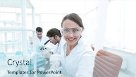  Presentation with test tubes - Theme enhanced with clinic safety - investigator checking test tubes woman background and a sky blue colored foreground