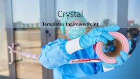  Presentation with staff - PPT theme featuring clinic-staff-with-barrier-tape background and a light blue colored foreground