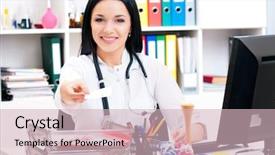  Presentation with invitation - Slide set having clinical area nursing - happy young female doctor giving background and a soft green colored foreground