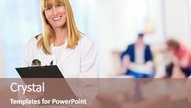  Presentation with waiting room - PPT theme consisting of clinical area nursing - portrait of happy doctor writing background and a coral colored foreground