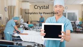  Presentation with digital hospital - Slide deck enhanced with clinical area nursing - portrait of mid adult male background and a mint green colored foreground