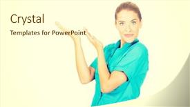  Presentation with female - Audience pleasing presentation design consisting of clinical area nursing - young female doctor showing something backdrop and a  colored foreground