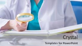  Presentation with audit - Amazing PPT layouts having clinical audit - doctor hand with magnifying glass backdrop and a light gray colored foreground