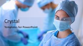  Presentation with team health - Audience pleasing presentation theme consisting of clinical health - team surgeon at work backdrop and a light blue colored foreground