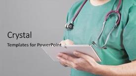  Presentation with using digital tablet - Colorful PPT theme enhanced with clinical information system - young male doctor using backdrop and a  colored foreground
