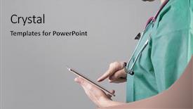  Presentation with printing press digital - Slides consisting of clinical information system - young male doctor using background and a  colored foreground