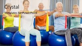  Presentation with exercise class - PPT layouts enhanced with clinical instructor - seniors using exercise ball background and a coral colored foreground