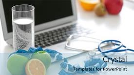  Presentation with weight loss lose text - PPT theme with clinical nutrition - composition with measuring tape stethoscope background and a light blue colored foreground