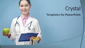  Presentation with light - Audience pleasing theme consisting of clinical nutrition - portrait of young female nutritionist backdrop and a light blue colored foreground