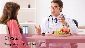  Presentation with pregnant woman doctor - Theme having clinical nutrition - pregnant woman visiting doctor discussing background and a coral colored foreground