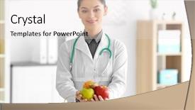  Presentation with fresh fruits and leafty greens - Presentation design consisting of clinical nutrition - young female nutritionist holding fresh background and a light gray colored foreground