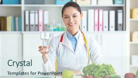  Presentation with clinical nutrition - Colorful slide set enhanced with clinical nutrition - young female nutritionist holding glass backdrop and a sky blue colored foreground